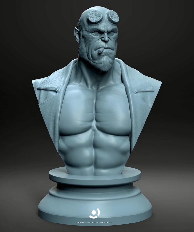 3D printable bust of Hellboy, a muscular bald demon with horns and a cigar, wearing a trench coat. The bust is on a c...