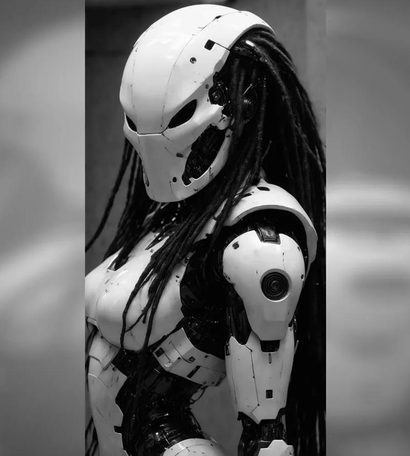Female Predator figure with white mask and cybernetic armor, long dreadlocks, in a side profile pose.