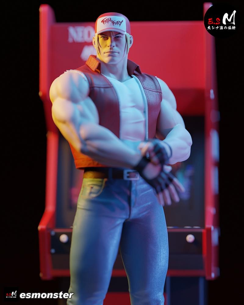 Terry Bogard 3D model figure by E.S Monster, wearing a red cap, vest, and jeans, with arms crossed, standing in front...
