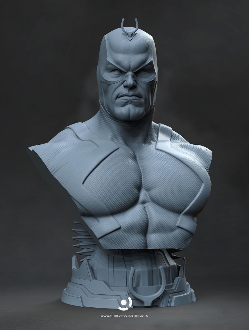 Stalyn Quito's Black Botl bust 3D model, featuring a male superhero with a mask and armored chest, on a detailed base.