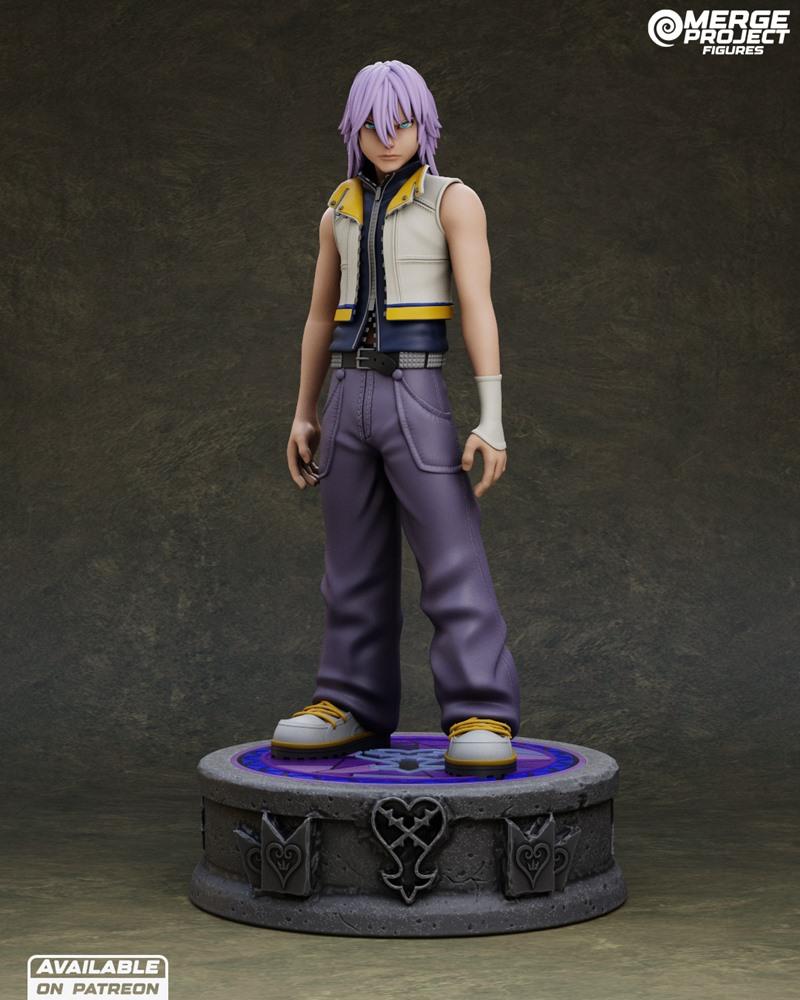 Riku from Kingdom Hearts 3D model figure, standing on a detailed base with franchise symbols. He has purple hair, a w...