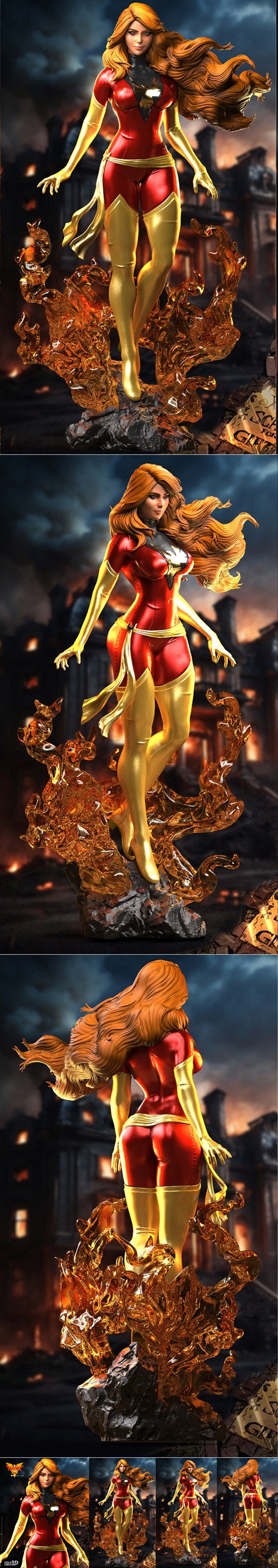 Dark Phoenix figure in red and gold costume, with flowing orange hair and intense green eyes. Soarez 3D logo visible....