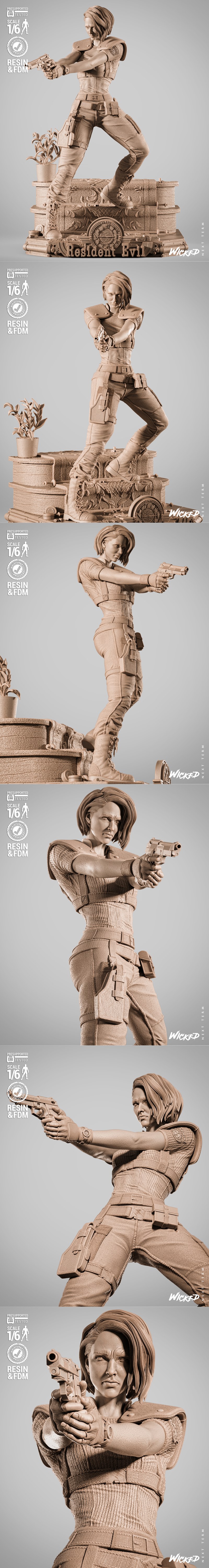 Jill Valentine sculpture in tactical gear, holding a pistol, with a beret on her head. Detailed 3D model by Wicked.