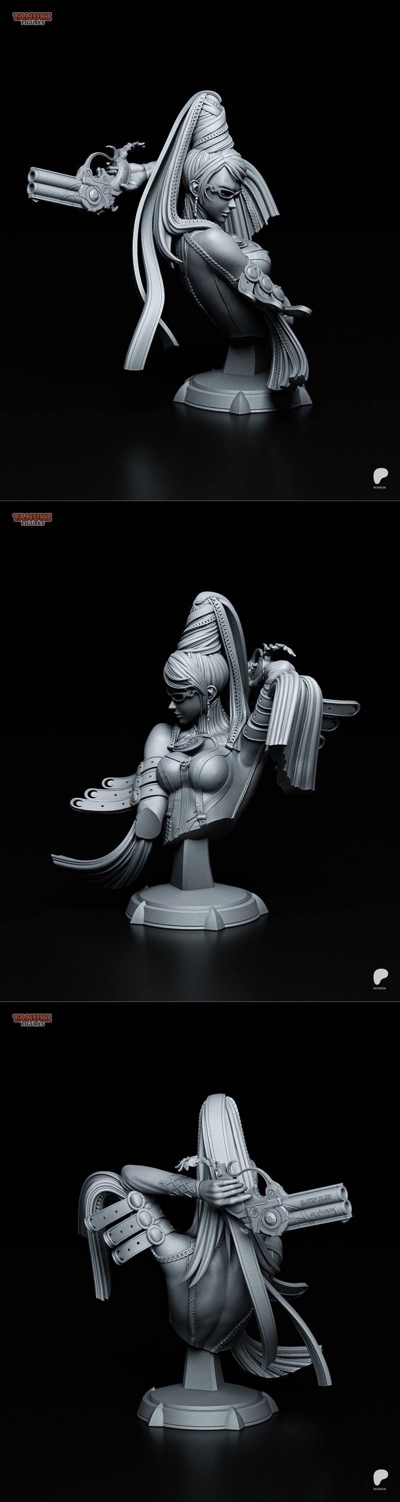 Bayonetta bust 3D model by Tanuki Figures, holding dual pistols in an action pose, wearing glasses and detailed outfit.