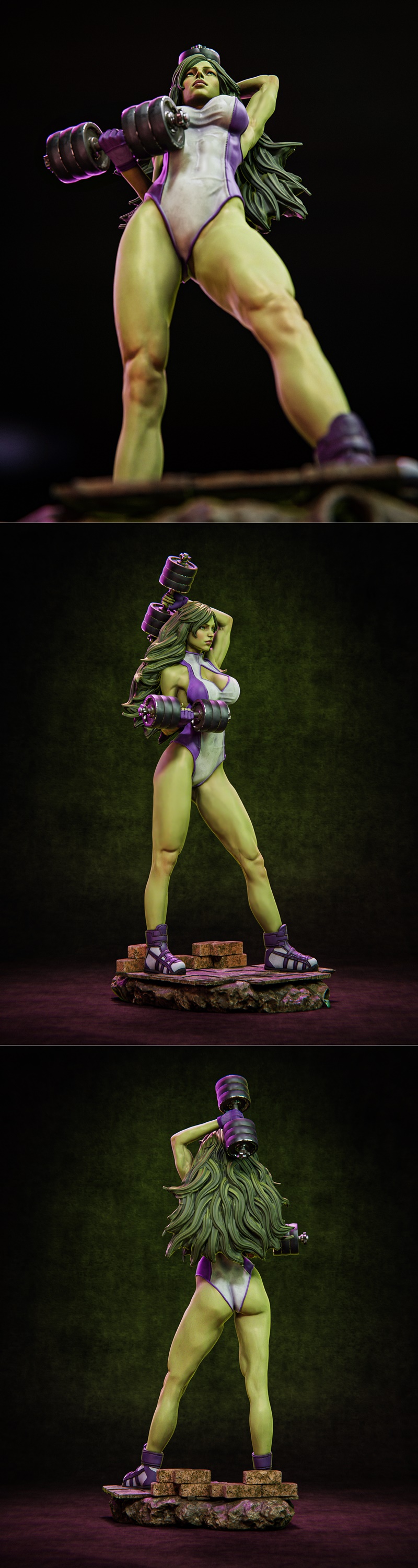 She-Hulk 3D model figure, green-skinned muscular woman in purple and white athletic wear, holding a dumbbell, with an...