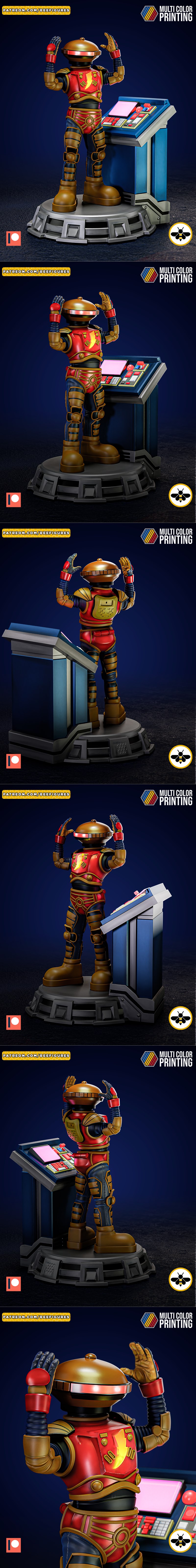 Alpha 5 robot from Power Rangers standing on a base next to a futuristic control panel. The figure wears a red and go...
