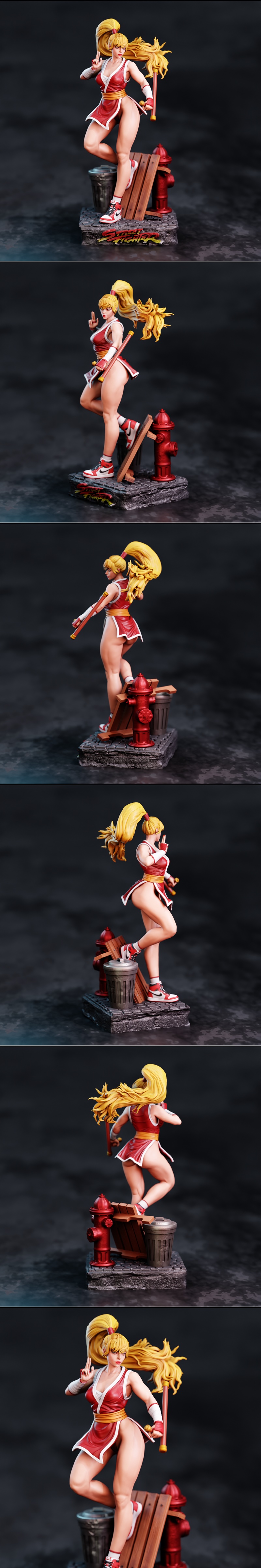 Maki Genryusai 3D model in red outfit and sneakers, holding a weapon, with a fire hydrant and trash can on the base....