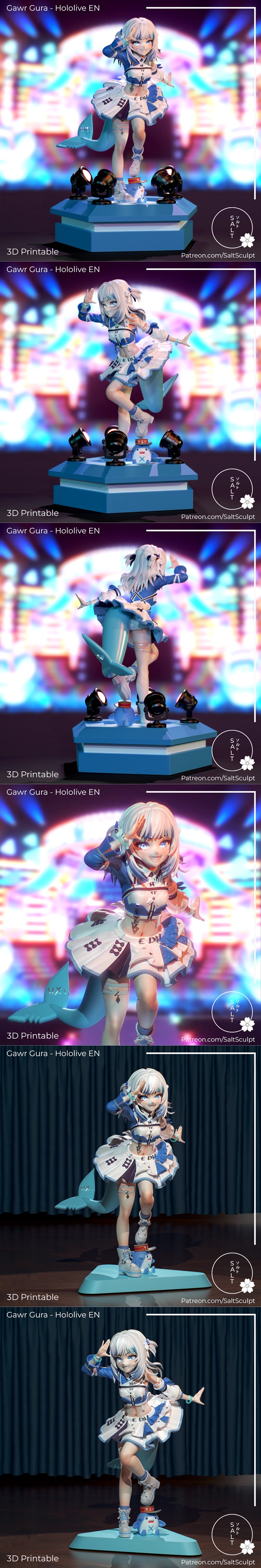 Gawr Gura figure in blue and white outfit with shark tail, posed on a blue stage with spotlights. Saltsculpt 3D print...