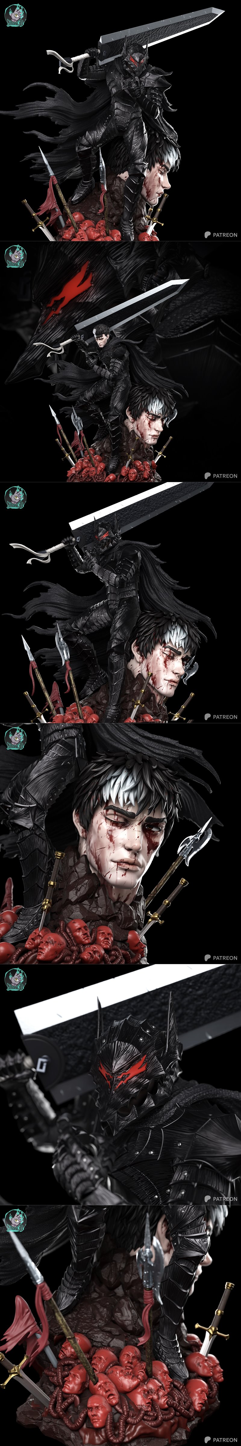 Guts in Berserker Armor, holding a large sword, with his unarmored face and a bloody face shown separately. Dark fant...