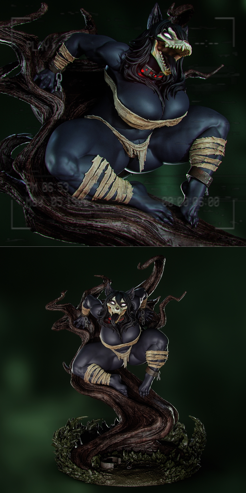 Muscular female figure with a skull face, black hair, and glowing eyes, partially wrapped in bandages, perched on bra...
