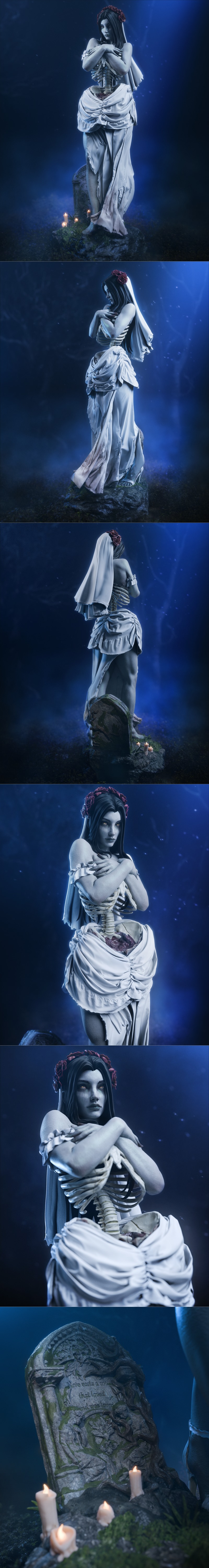 Undead Bride 3D model by CA 3D Studios, featuring a skeletal torso and tattered wedding dress, standing beside a tomb...