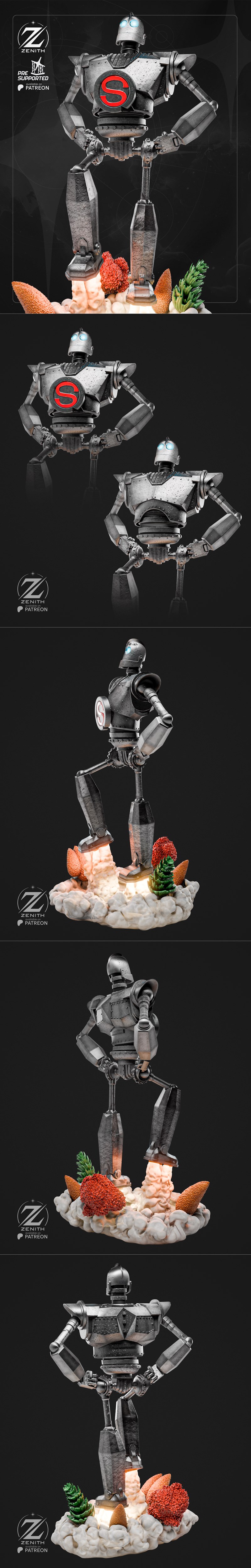 Zenith Studios Iron Giant 3D model figure with glowing blue eyes and 'S' emblem, standing in a dynamic pose with smok...