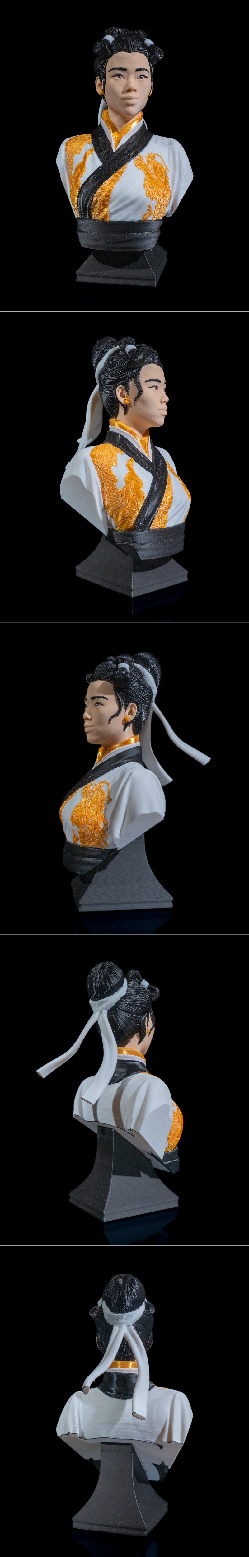 Bust of a Chinese woman with traditional hairstyle, wearing a white garment with gold dragon embroidery and a black s...