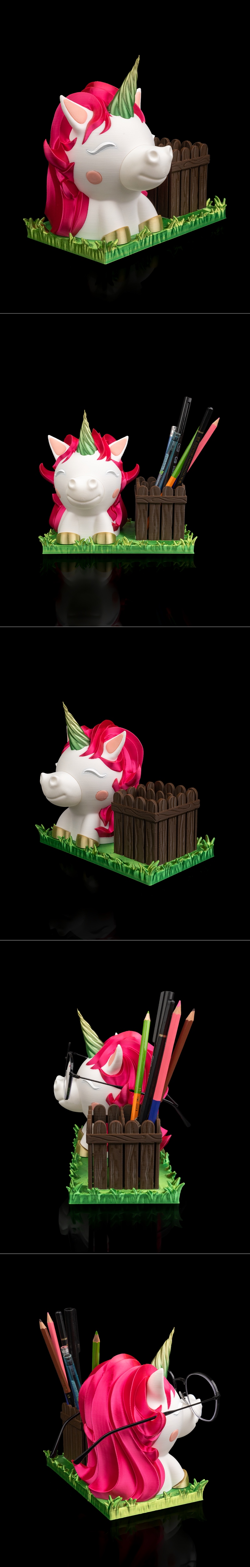 3D printable Ms. Unicorn pen and glasses holder. A white unicorn with pink mane and green horn wears round glasses an...