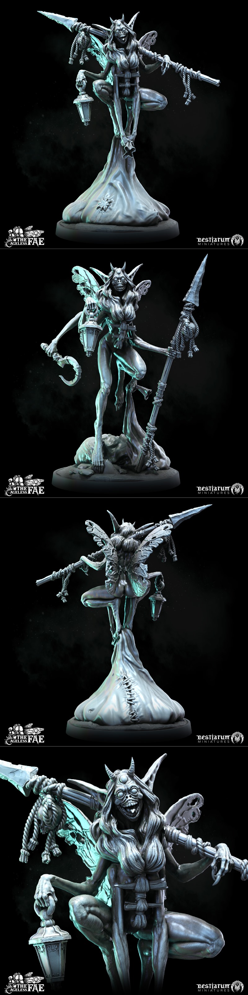 Two dark fantasy fae wanderer miniatures by Bestiarum Miniatures, one crouching and one standing, both holding lanter...