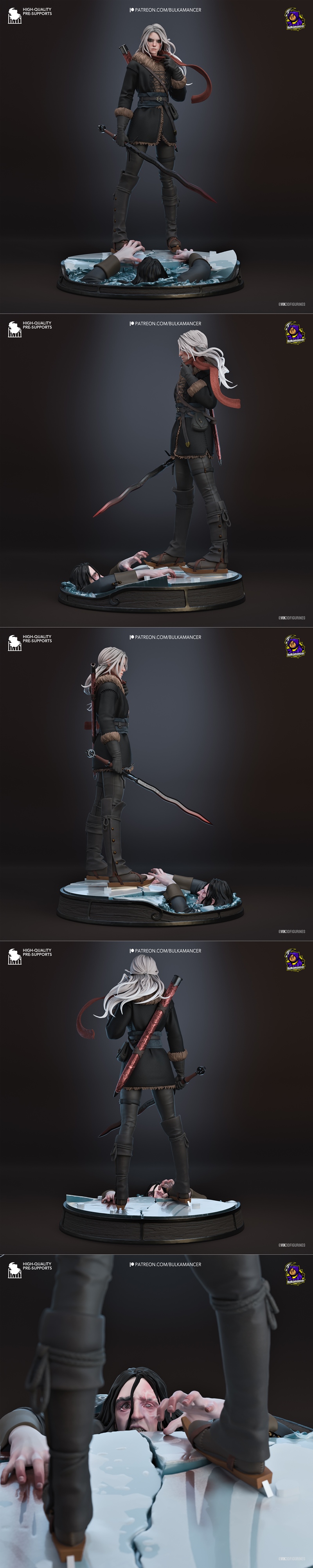 Ciri from The Witcher, a female figure in a fur-trimmed winter coat and dark pants, holding a sword. She has white ha...