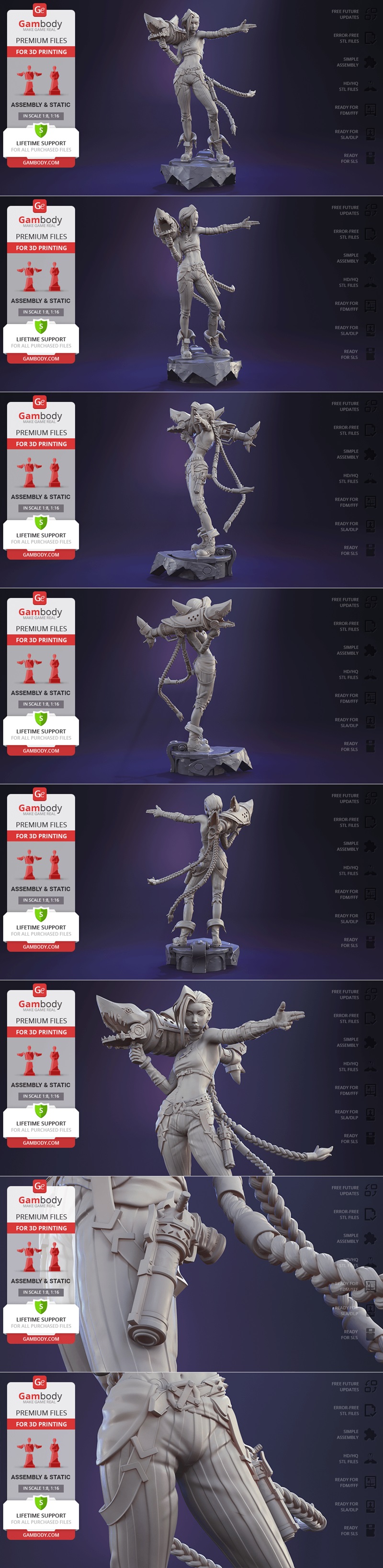 Jinx from League of Legends 3D model, front and back views, holding Fishbones rocket launcher, braided pigtails, dyna...