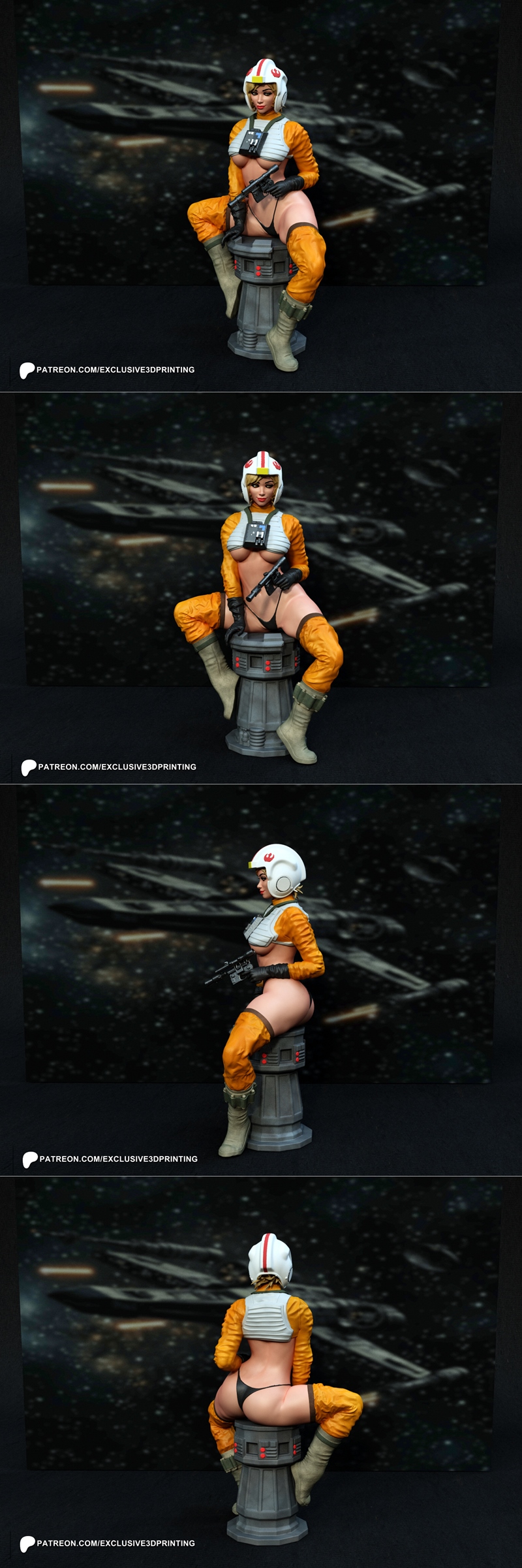 Star Wars Rebel pilot pinup figure seated on a cylindrical base, wearing an orange flight suit, white cropped top, he...