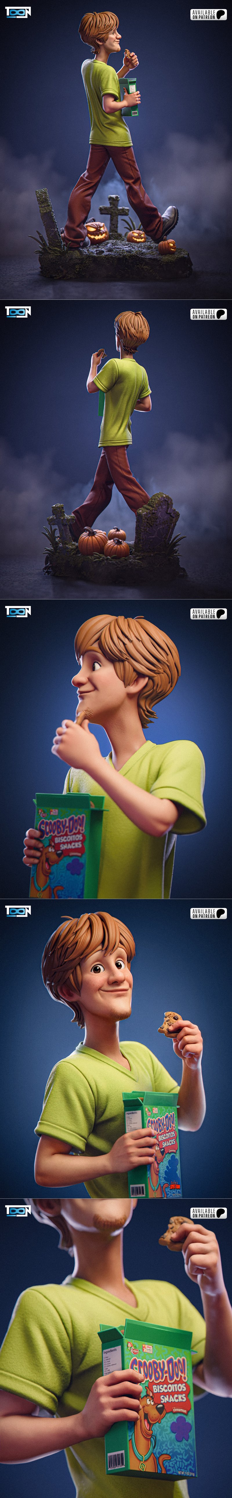 Shaggy from Scooby-Doo walking on a Halloween base with pumpkins, holding a box of Scooby Snacks. Toon Studios 3D model.