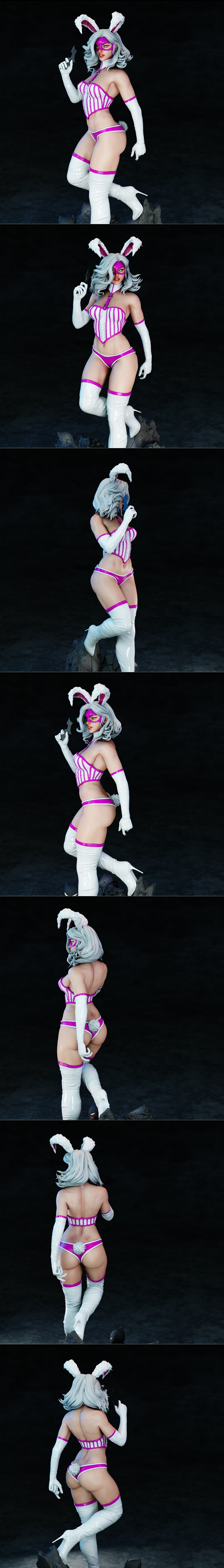 Jaina Hudson 3D model in a bunny girl outfit with pink and white corset, white gloves, and thigh-high boots, holding...