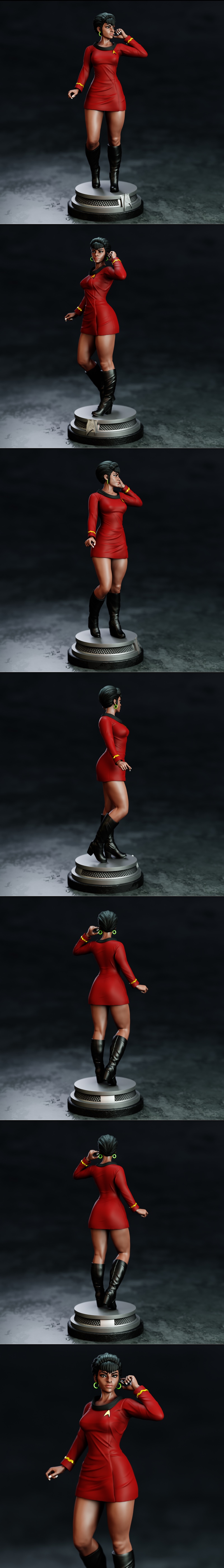 Lieutenant Uhura from Star Trek in a red uniform and black boots, standing on a detailed base with the Starfleet insi...