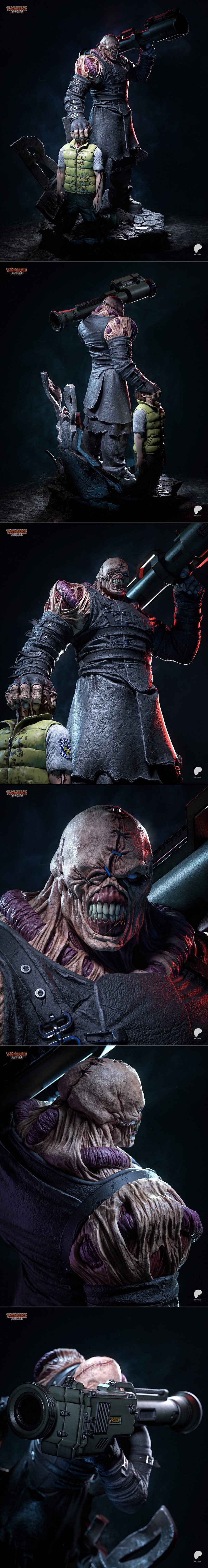 Nemesis from Resident Evil holding a rocket launcher, standing over a defeated victim on a rocky, debris-strewn base....