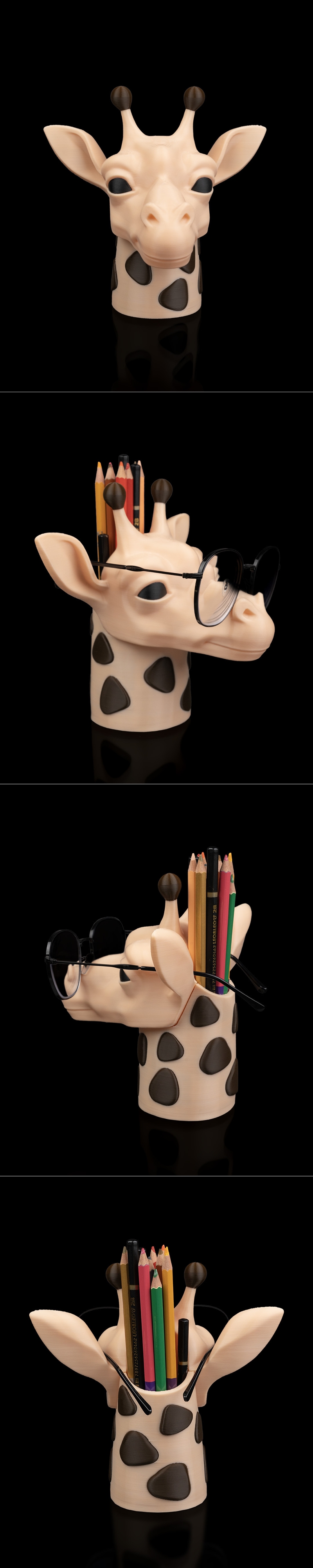 3D printable model of a giraffe head wearing round glasses, functioning as a pen and pencil holder. The giraffe has b...
