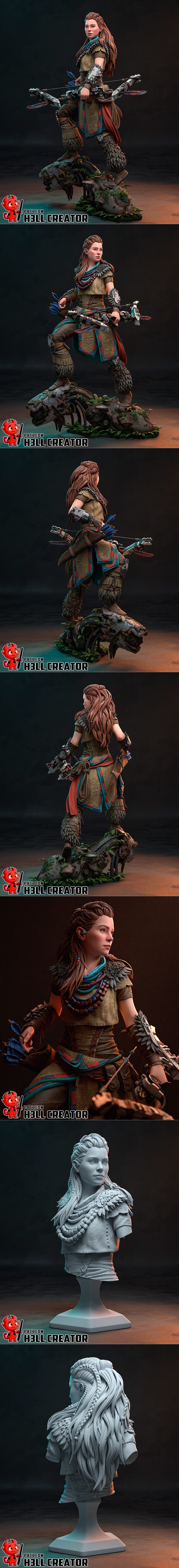 Aloy, the protagonist from Horizon Zero Dawn, depicted as a 3D printable figure by H3LL CREATOR. She stands in a hero...