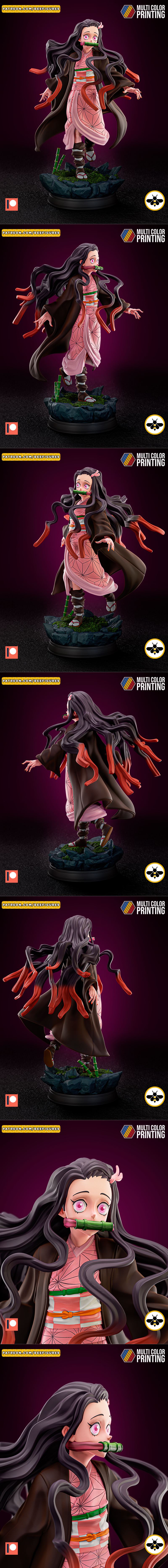 Nezuko Kamado from Demon Slayer anime series, wearing a pink kimono and brown haori, with a bamboo muzzle, standing o...