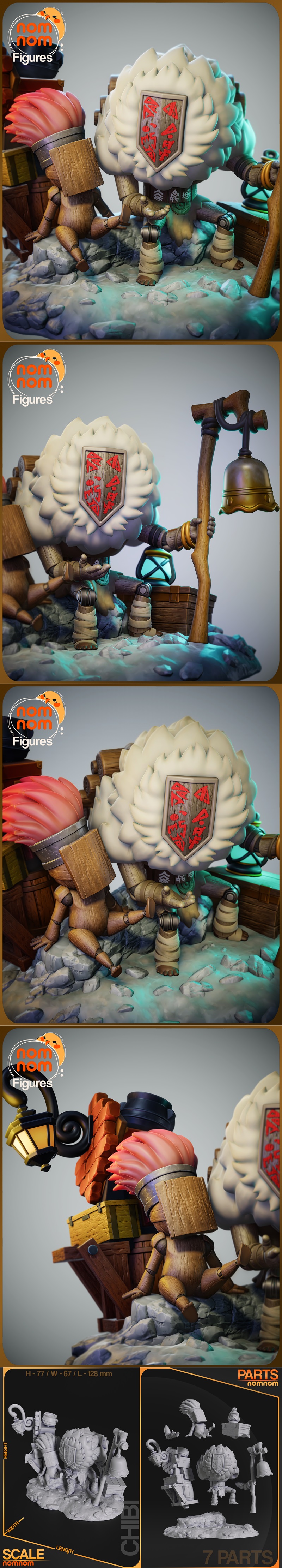 Chibi Noco 3D model with a wooden puppet companion on a rocky base, featuring a fluffy body, shield, lantern, and cra...