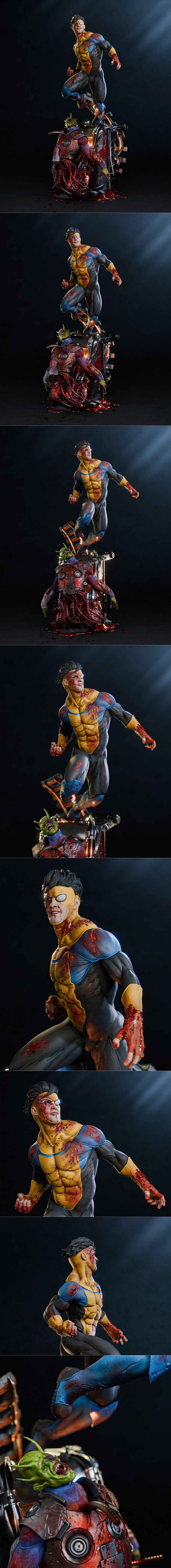 Injured Invincible superhero figure, yellow and blue suit torn and bloody, dark background, Victor Willand studio.