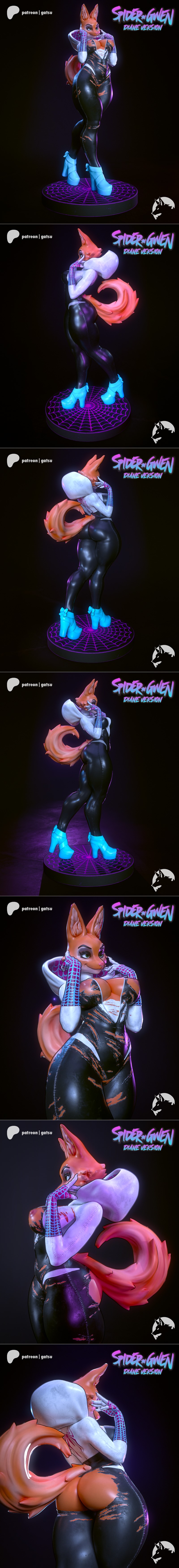 Furry fox character in a Spider-Gwen costume, wearing a black and white suit, light blue platform heels, and a web-pa...