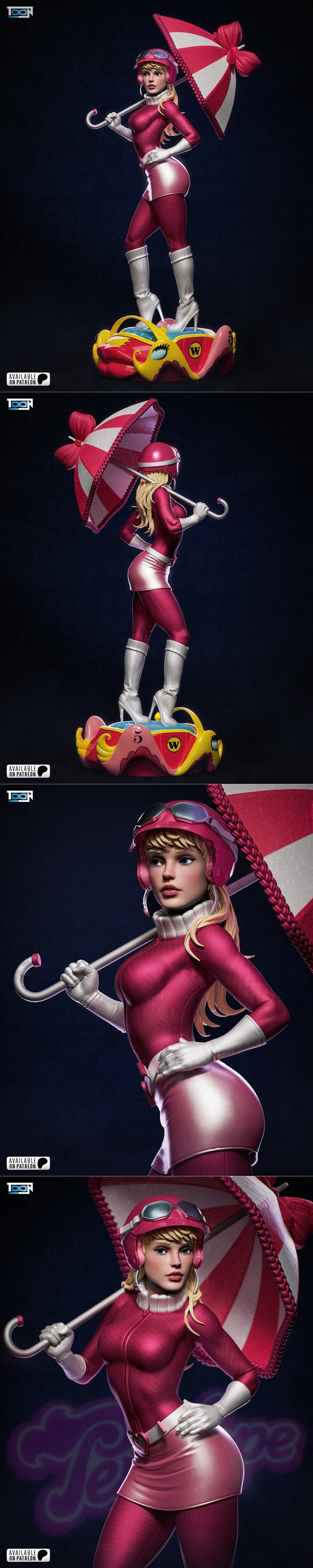 Penelope Pitstop in pink racing suit and skirt, holding a red and white striped umbrella, standing on her car base. T...