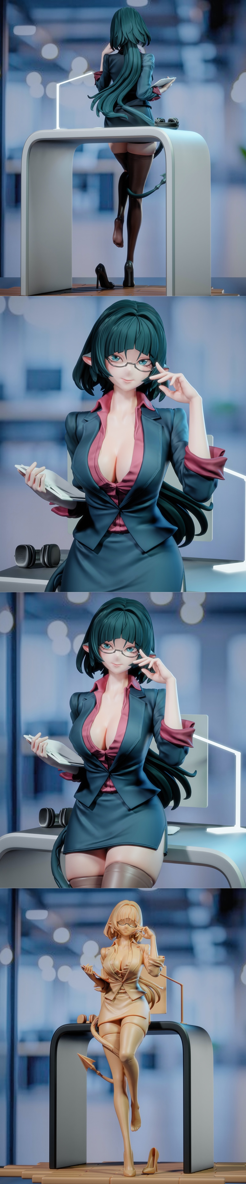 Demoness character Jane Doe in a business suit, glasses, horns, and tail, posed leaning on a desk, holding a tablet....