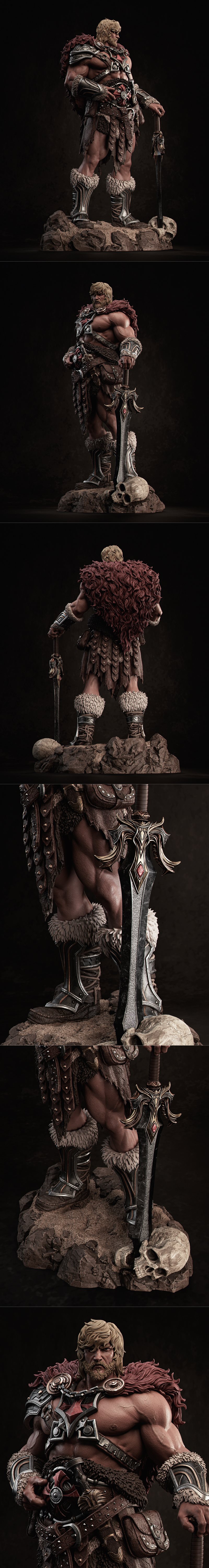 He-Man figure by CA 3D Studios, standing on a rocky base with a skull, holding a large sword. He wears fur-lined armo...