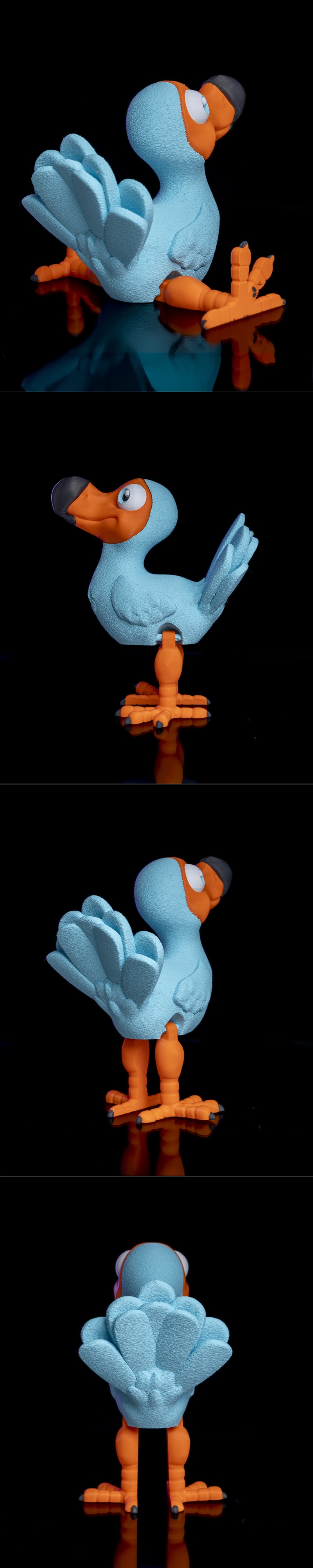 Articulated dodo figure with orange beak and feet, blue body and wings, posed on a reflective surface against a black...
