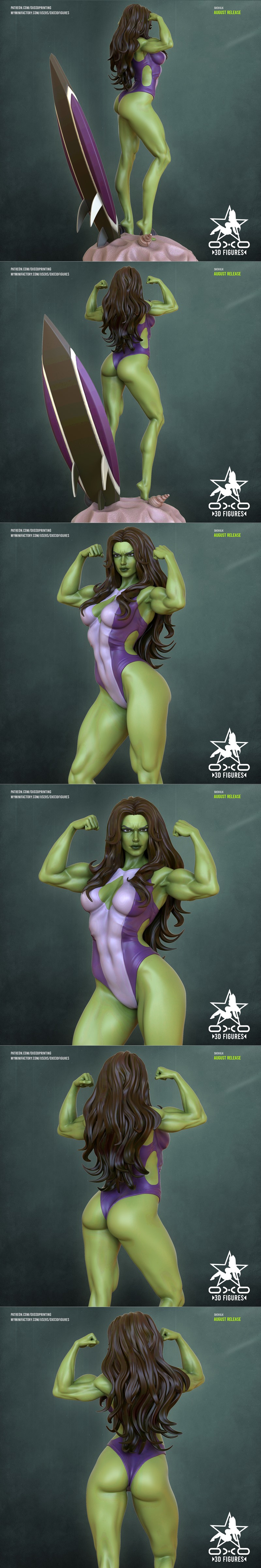 Muscular She-Hulk figure in a purple and white swimsuit, flexing biceps, with a surfboard and dumbbells on a beach-th...
