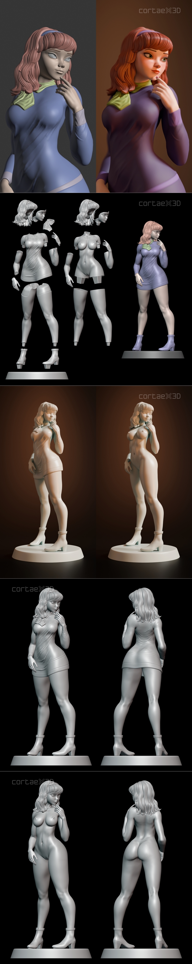 Daphne Blake cosplay 3D model, shown in two poses: one wearing a short purple dress, the other nude with purple heart...