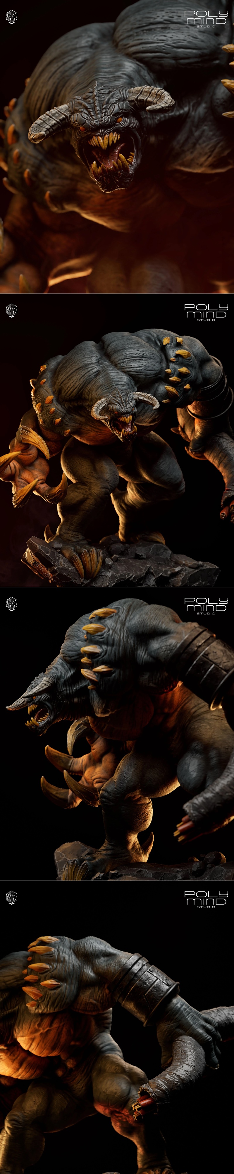 Muscular monster figure named Tremor by PolyMind Studio, with dark grey skin, sharp horns, glowing red eyes, and larg...