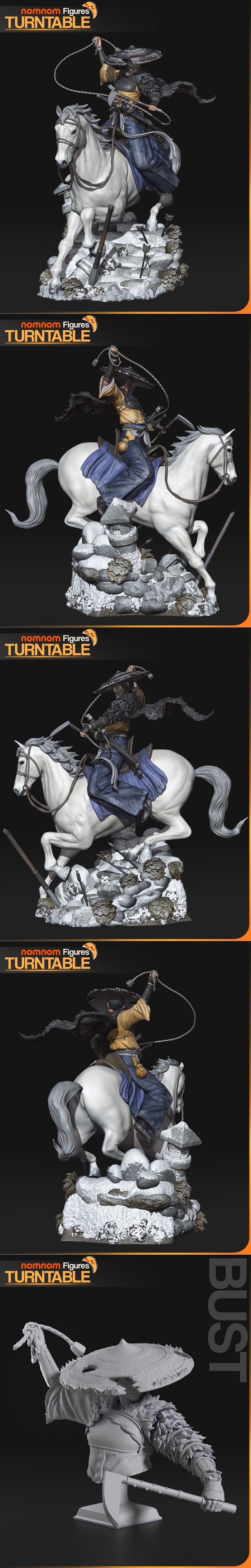 Samurai warrior Atsu on horseback, wielding a whip, wearing traditional armor and a conical hat. Nomnom Figures 3D mo...