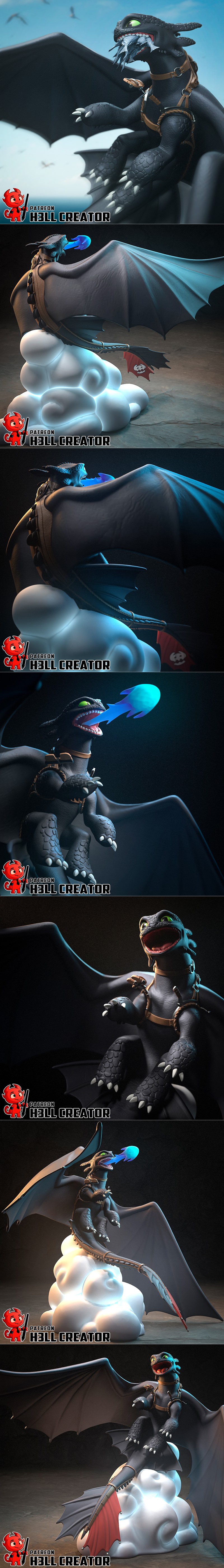 Toothless dragon perched on a cloud, wings spread, wearing a harness. 3D model by H3LL CREATOR.