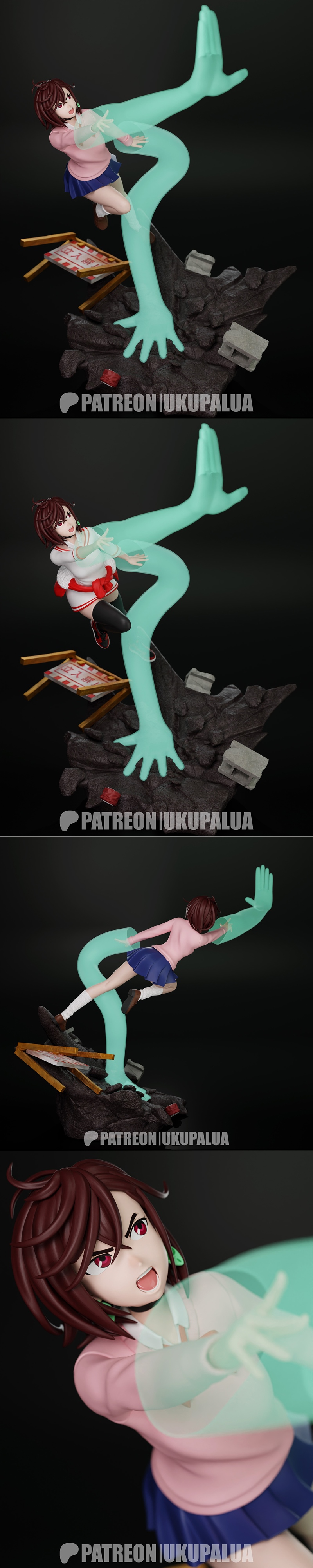 Ayase Momo 3D model in anime style, wearing a pink sweater and blue skirt, mid-air with glowing green spectral hands,...