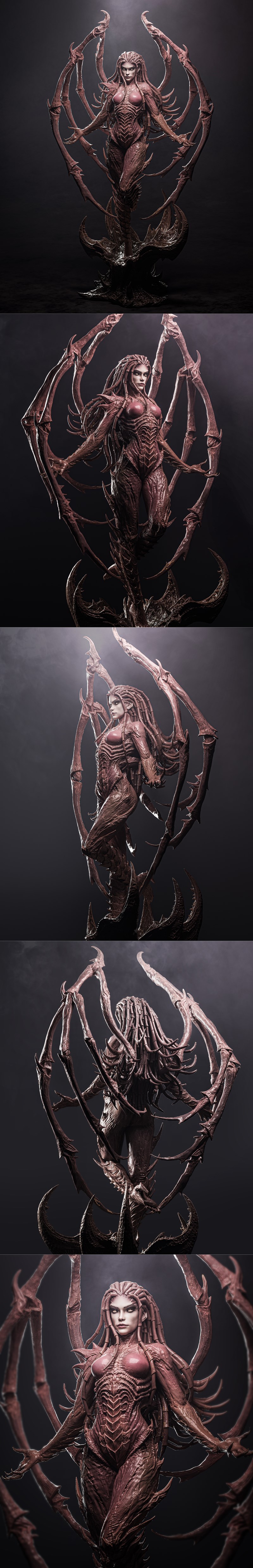 Kerrigan, Queen of Blades, from StarCraft, depicted as a 3D printable figure. She has insectoid armor, large segmente...