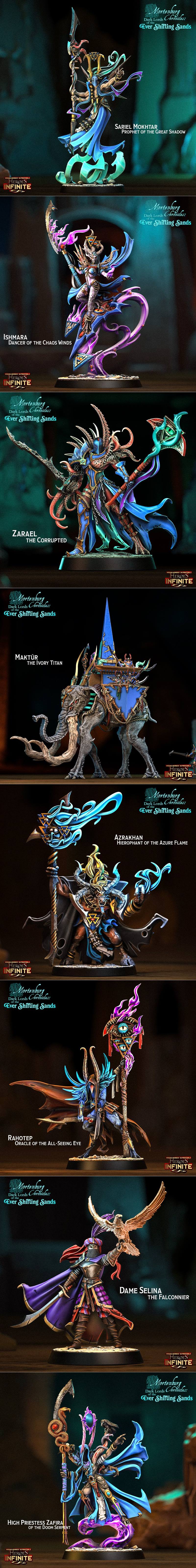 A collage of dark fantasy 3D models from Heroes Infinite's Mortenburg Chronicles. Features a central female demon wit...