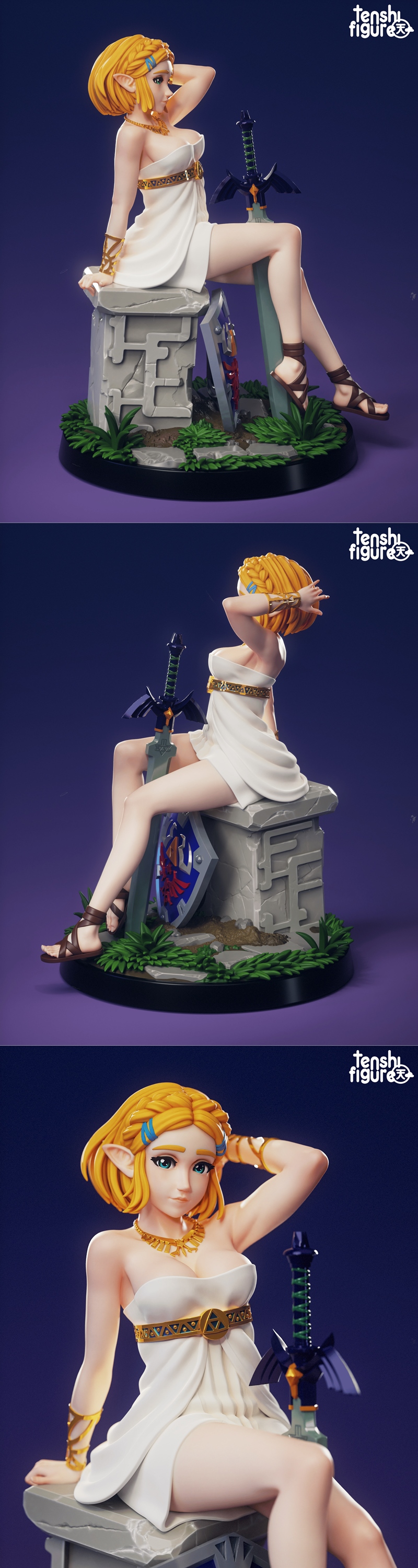 Princess Zelda figure sitting on a stone block, wearing a white dress and sandals, with the Master Sword and Hylian s...