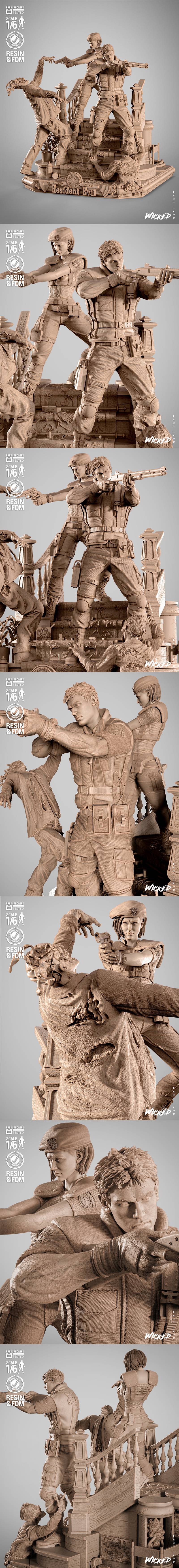 Resident Evil diorama 3D model featuring male and female characters in tactical gear, armed with guns and a shotgun,...