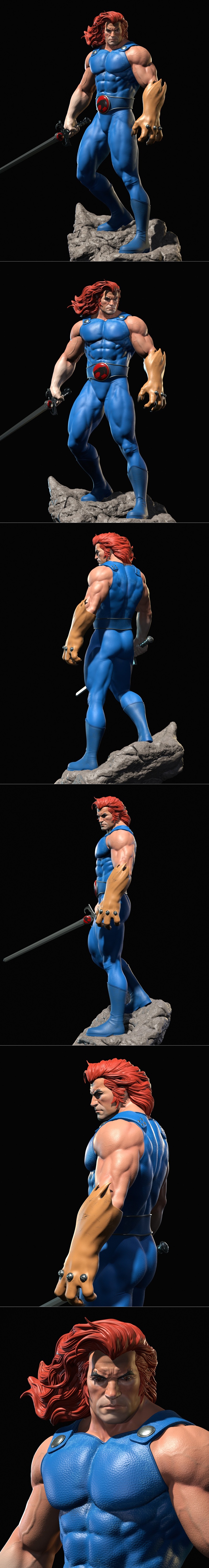 Lion-O from Thundercats, a muscular male figure in a blue bodysuit and red hair, holding the Sword of Omens, with the...