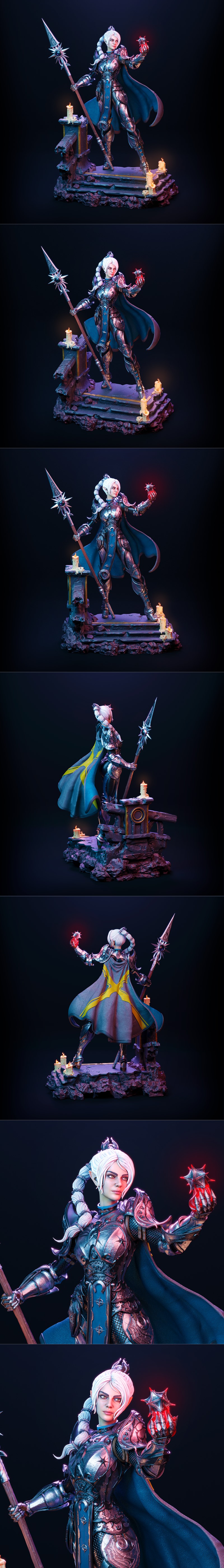 Female warrior 'Shadow' in full plate armor holding a spear and a glowing orb, standing on a ruined base with candles...