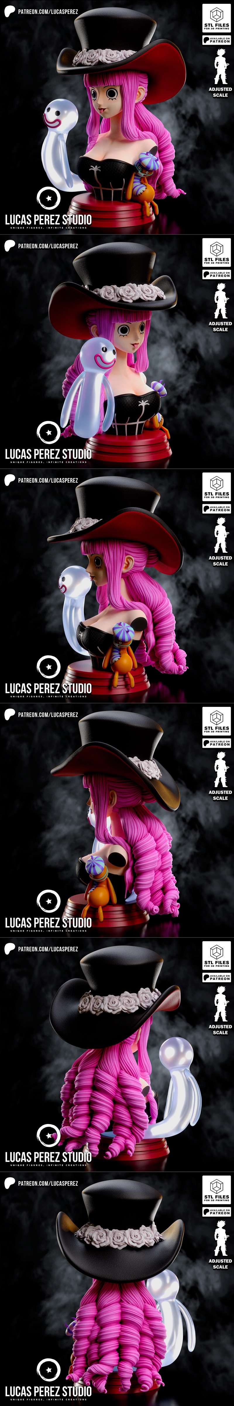 Perona bust from One Piece, featuring pink hair, a black corset, and a rose-adorned hat. Accompanied by two ghostly f...