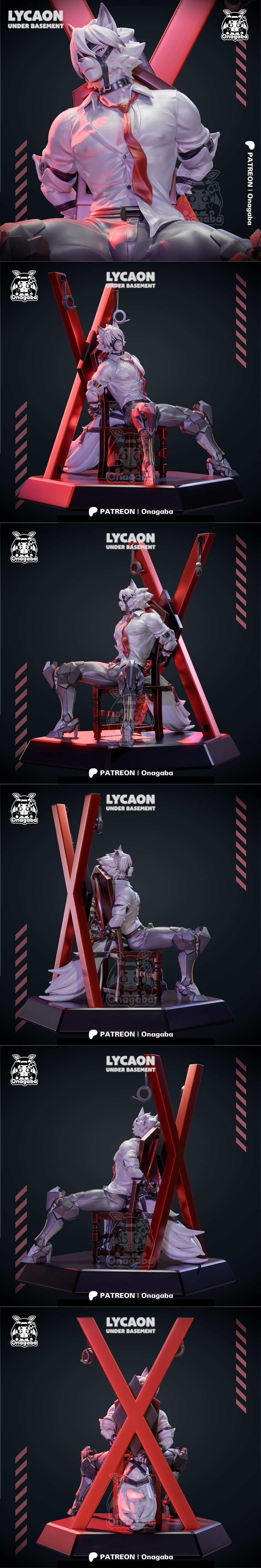 Lycaon character figure, a male wolf-person in a white shirt and tie, bound to an X-frame, seated on a stool with mec...
